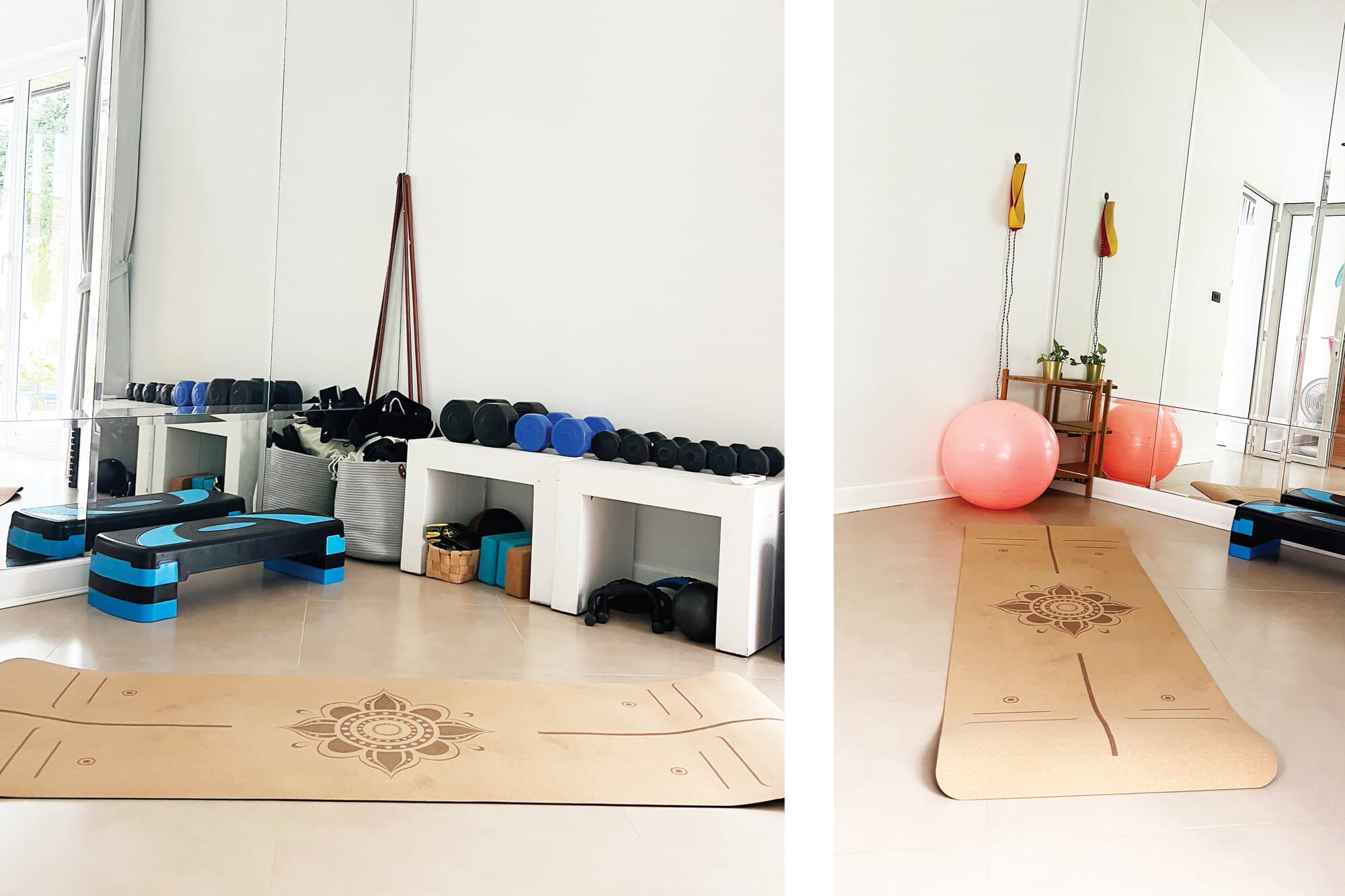Workout space with yoga mat, mirrors, weights, and exercise equipment